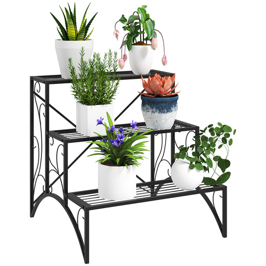 3-Tier Metal Plant Stand, Vintage Ladder Shelf Flower Pot Holder for Indoor Outdoor, Display Shelf Rack, Black