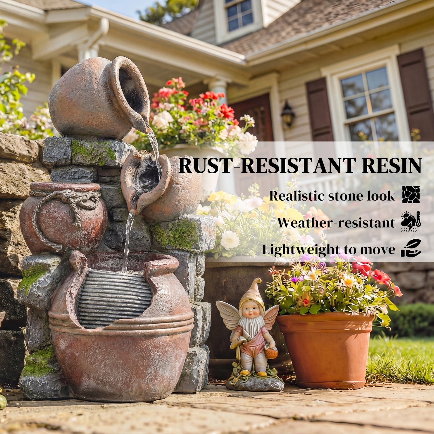 4-Tier Resin Waterfall Fountain with Built-In Planter | Warm White LED Lights | 3-Speed Adjustable Pump | 5W | 230V | 3m Cable | 31x30x59cm | Garden & Patio | Rustic Brown