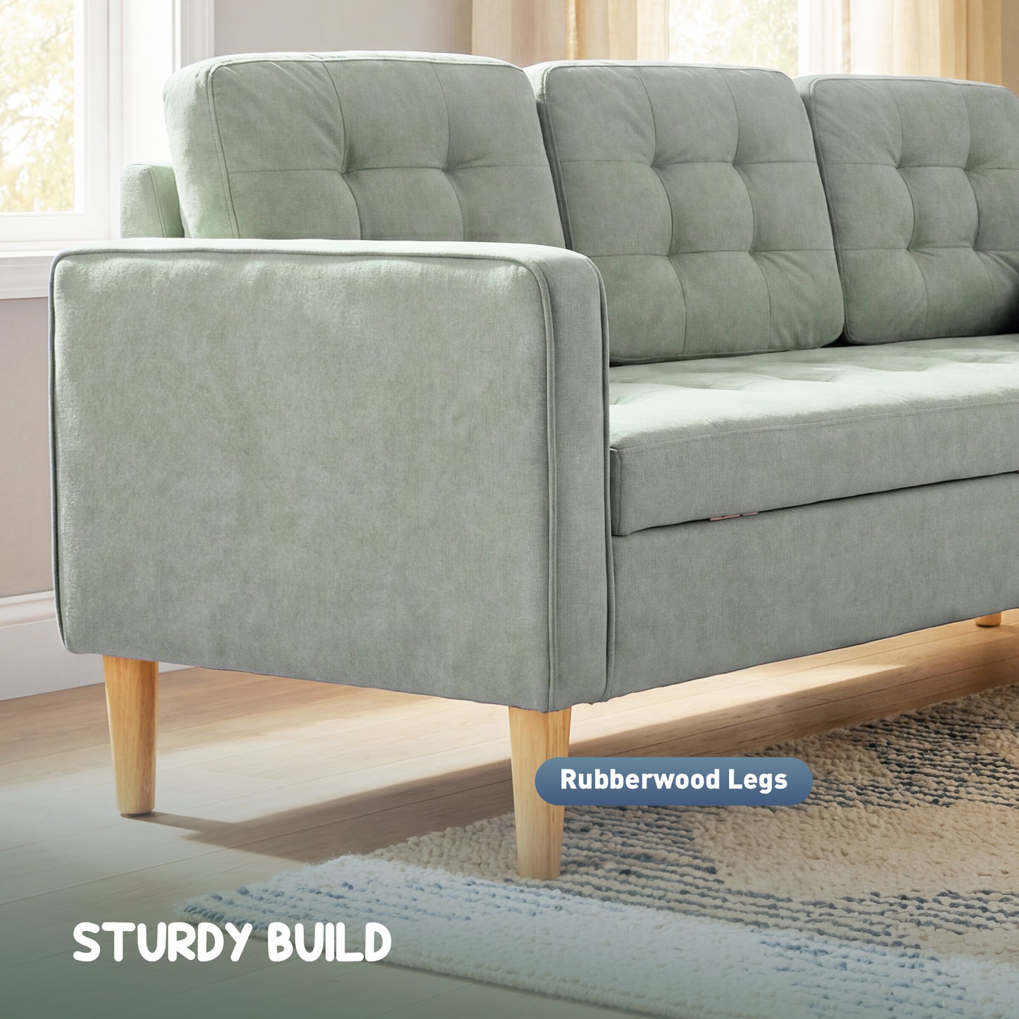 3-Seater Sofa with Hidden Under-Seat Storage | Button-Tufted | Snow Flannel | Eucalyptus Frame | 100kg per Seat | 169cm | Light Grey