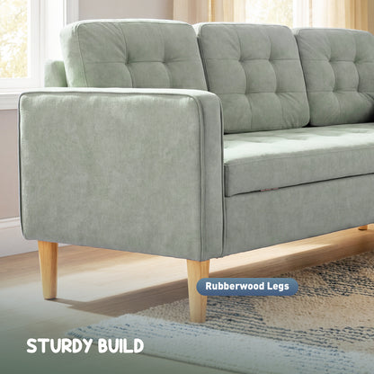 3-Seater Sofa with Hidden Under-Seat Storage | Button-Tufted | Snow Flannel | Eucalyptus Frame | 100kg per Seat | 169cm | Light Grey