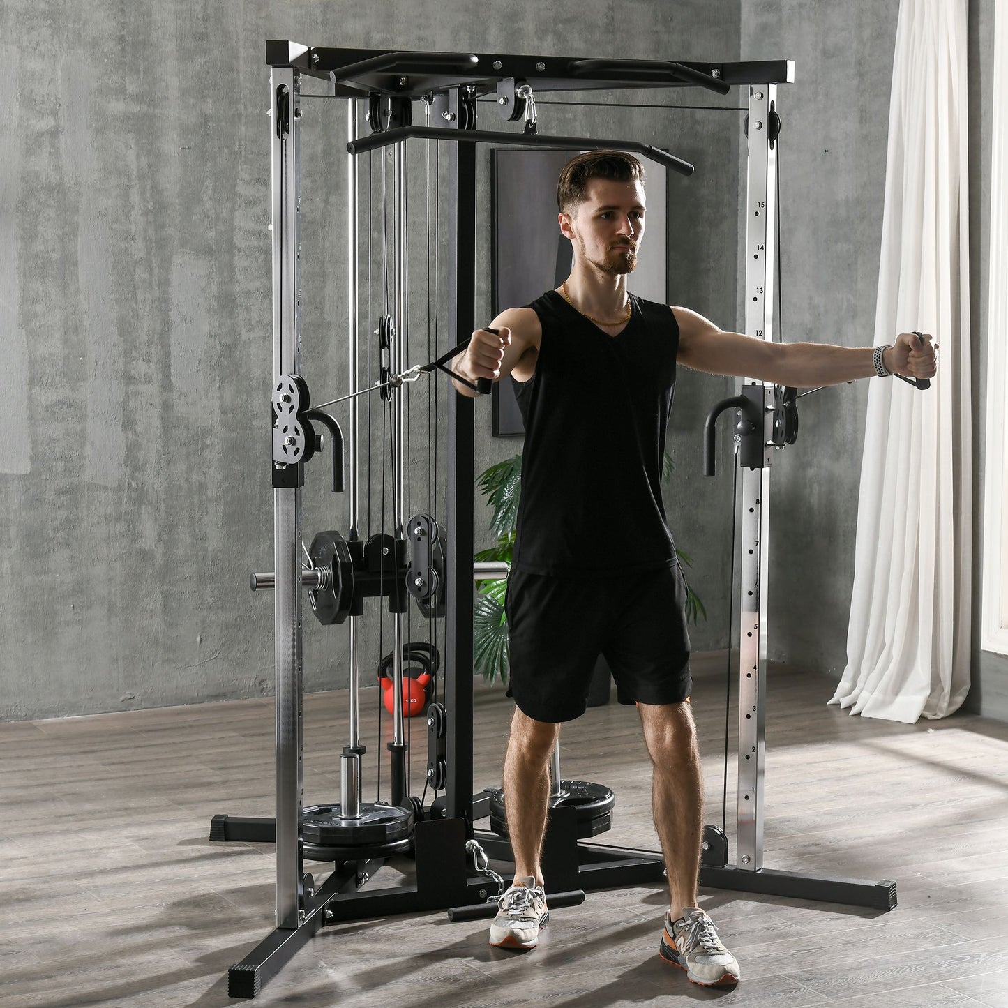 Home Gym Machine, Multifunctional Gym Equipment with High and Low Pulleys, Pull Up Bar, 15-Position Strength Workout Training Station