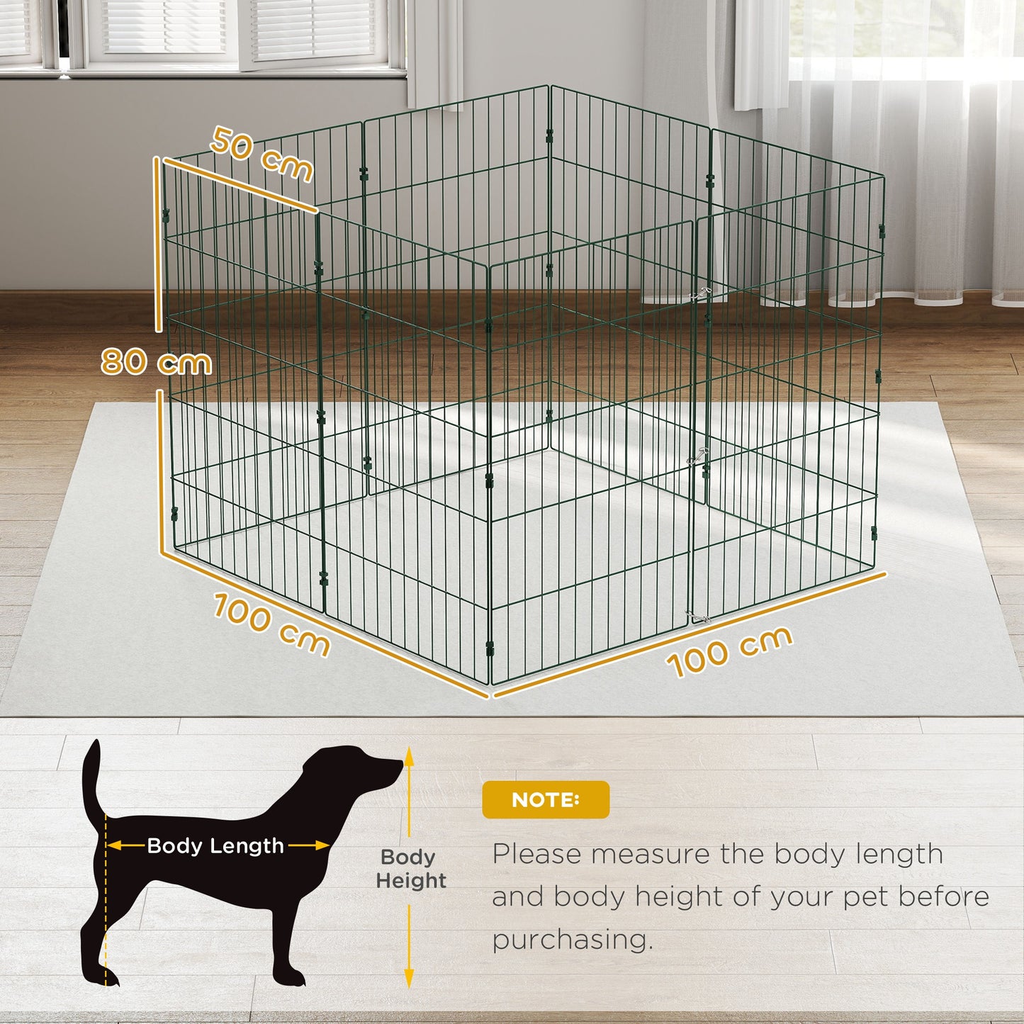 8 Panel Dog Playpen | 80cm Tall | DIY Shape | PE Coated Steel | Foldable | Outdoor Stakes | Medium Dogs up to 25kg | Green