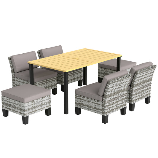 7-Piece Rattan Garden Dining Set, 6 Seater Wicker Garden Furniture Set with Seat and Back Cushions, Umbrella Hole, Patio Table and Chairs