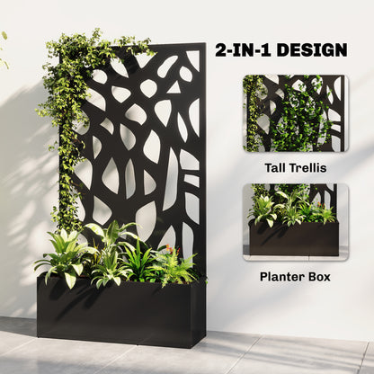 Metal Raised Garden Bed with Trellis & Privacy Screen | Powder-Coated Steel | 20L Soil | 30kg Capacity | 61x89cm Trellis | 61x23x113cm | Balcony & Patio | Climbing Plants | Black