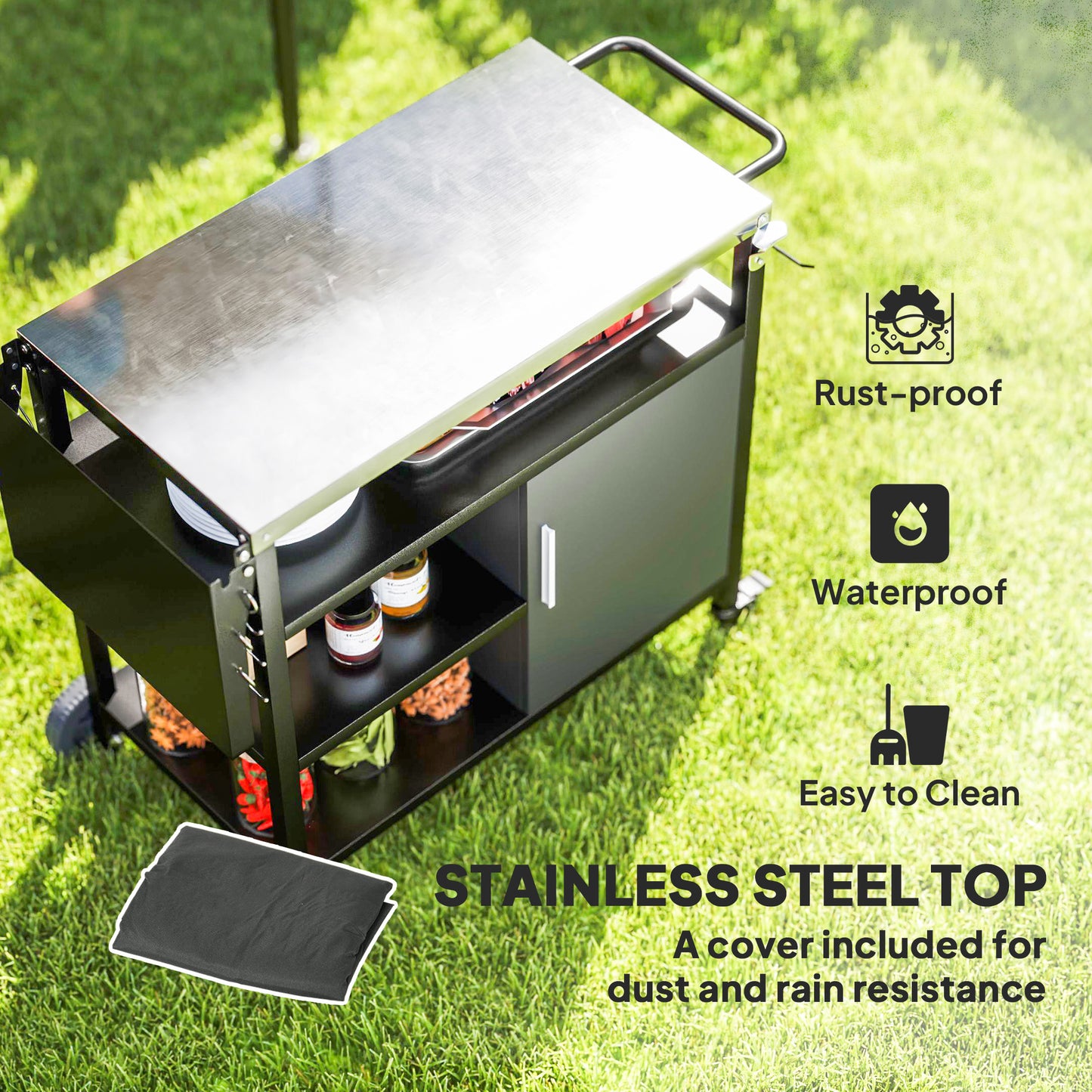 Outdoor BBQ Trolley with Foldable Side Table, Stainless Steel Top, Movable Outdoor Kitchen with Wheels Hooks Shelves Cabinet, Pizza Oven Table