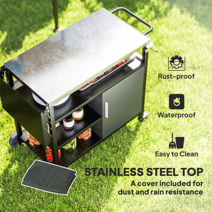 Outdoor BBQ Trolley with Foldable Side Table, Stainless Steel Top, Movable Outdoor Kitchen with Wheels Hooks Shelves Cabinet, Pizza Oven Table