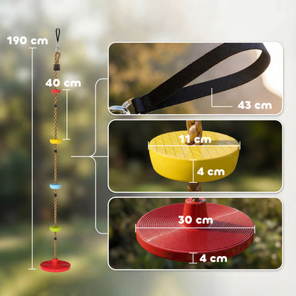 Kids Tree Climbing Rope & Disc Swing Kit – 190cm Rope, 4 Footrests, Disc Swing, Tree Strap & Carabiner, 50kg, EN71 Tested, Ages 3–8 – Red