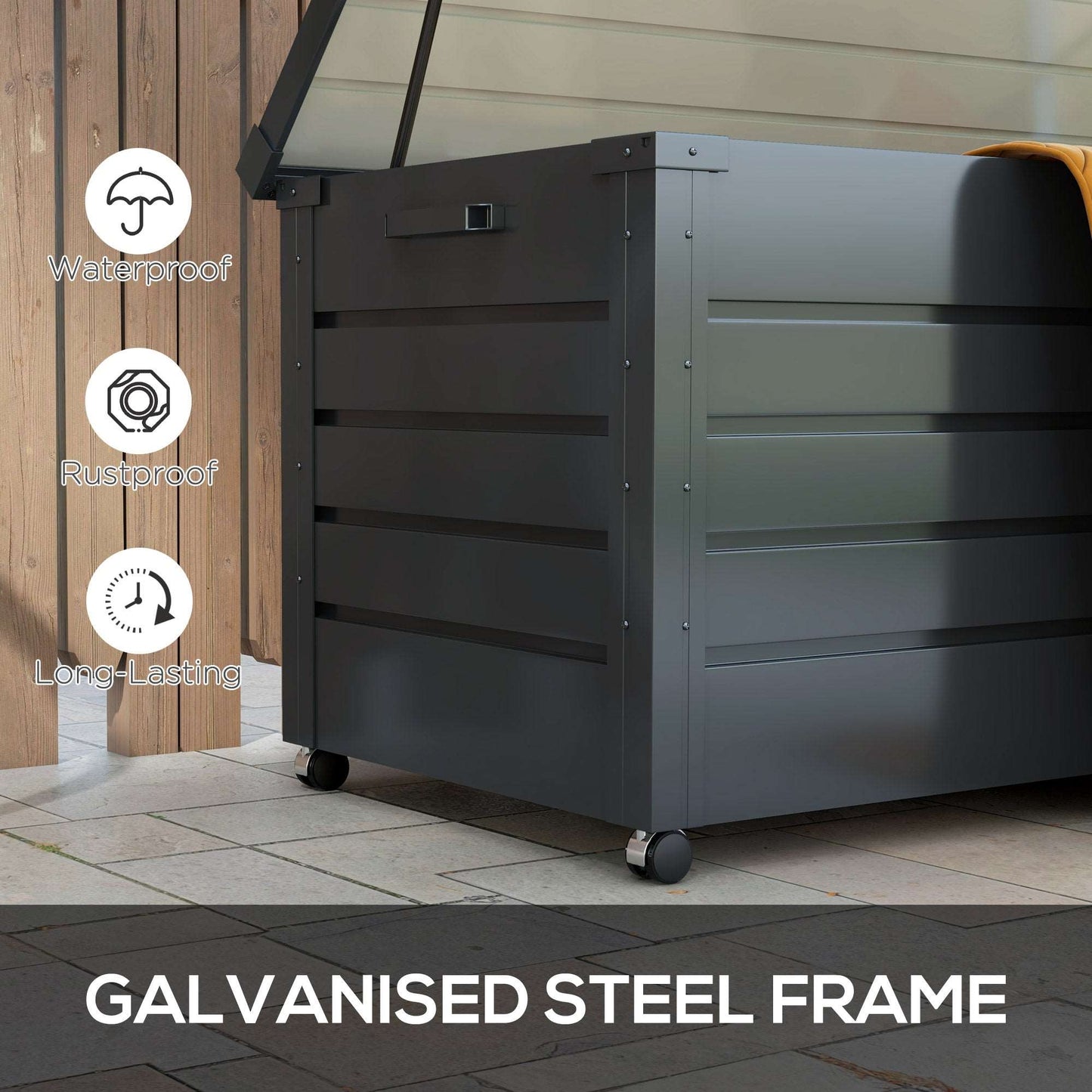 331 Litre Garden Waterproof Outdoor Storage Box With Wheels And Handles, Lockable Galvanised Steel Outside Deck Box Organiser - Dark Grey
