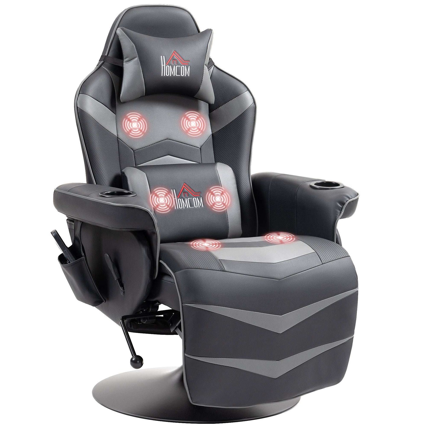 Massage Recliner Chair with Remote, PU Leather Recliner Armchair with Cup Holders and Side Pockets, Racing Style Reclining Chair - Grey