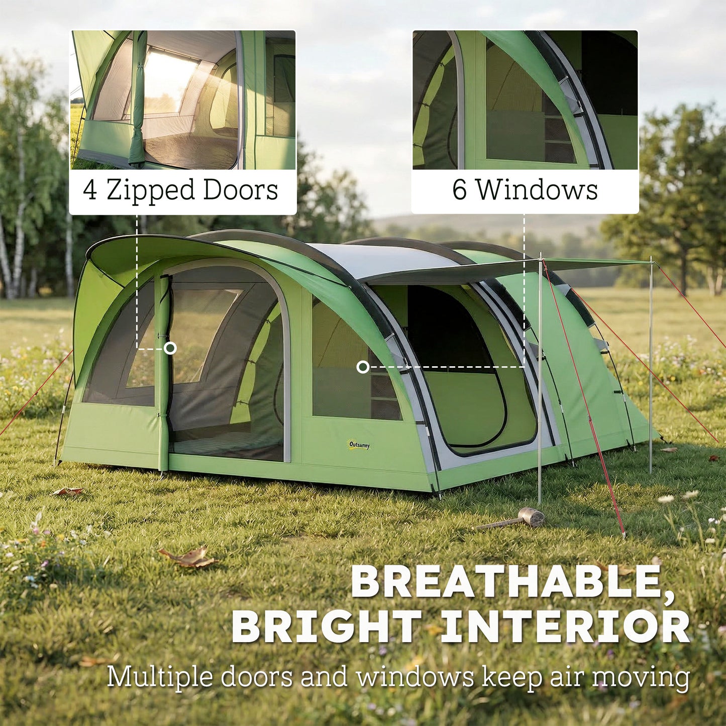 4-Person Family Camping Tent | 2 Rooms | Removable Divider | 3000mm Waterproof | Level 4 Wind Resistance | 7 Storage Pockets | Sets Up in 5-15 Mins | 565 x 370 x 200cm | Green & Grey