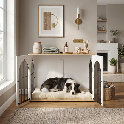 Dog Crate Furniture Side Table | Double Doors | Arched Wood-Grain Design | Large Dogs up to 30kg | 100 x 60 x 69cm | White