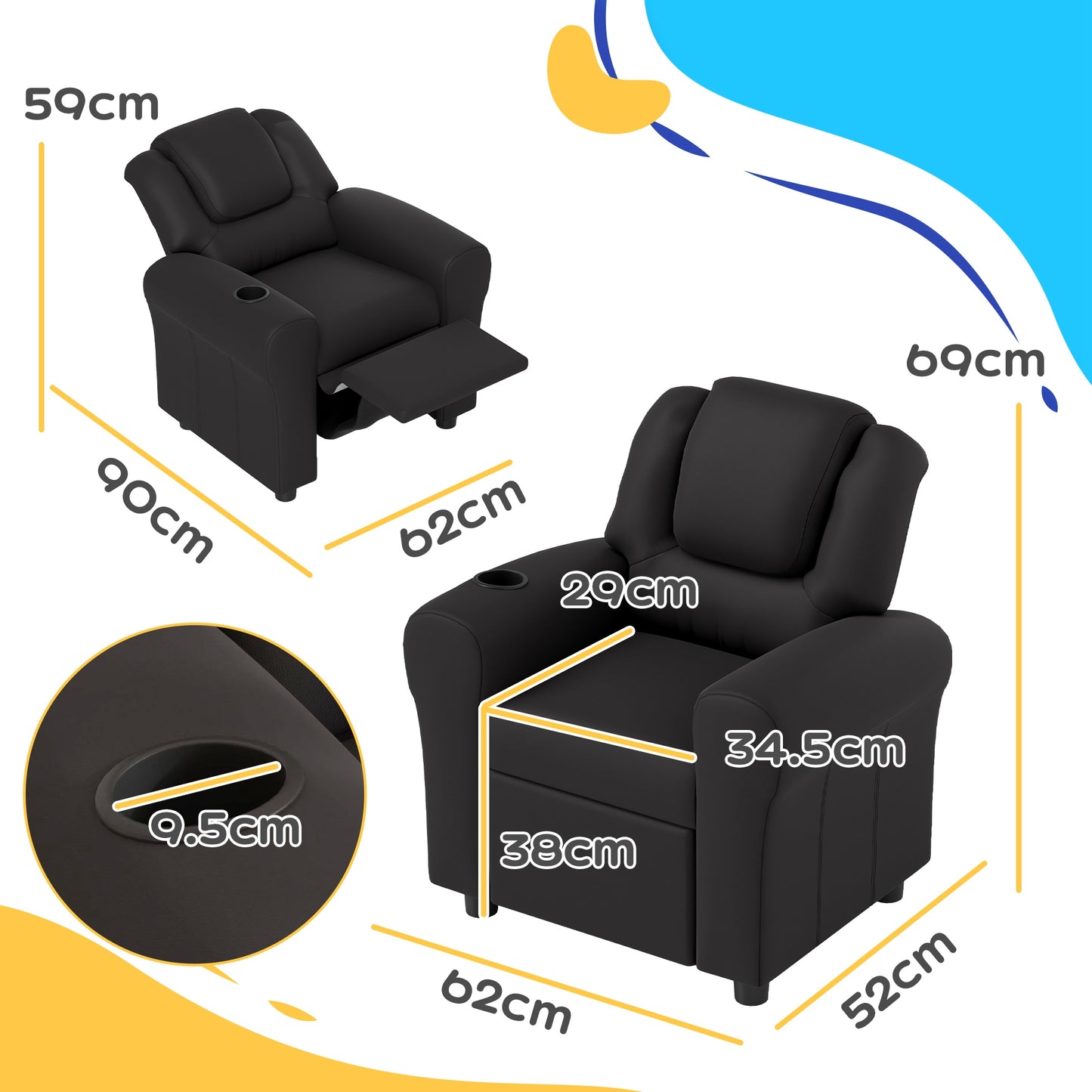 Kids Armchair, Kids Recliner Chair, PU Leather Kids Chair with Adjustable Backrest & Footrest, Padded Headrest, Black