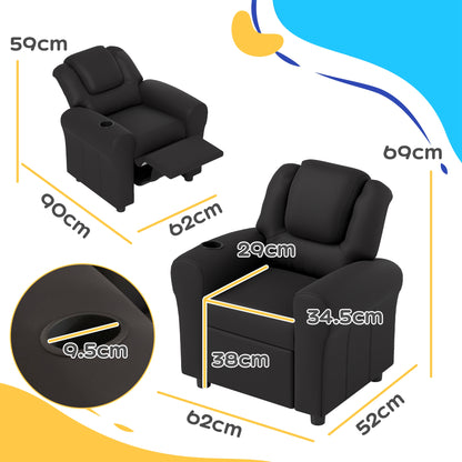 Kids Armchair, Kids Recliner Chair, PU Leather Kids Chair with Adjustable Backrest & Footrest, Padded Headrest, Black