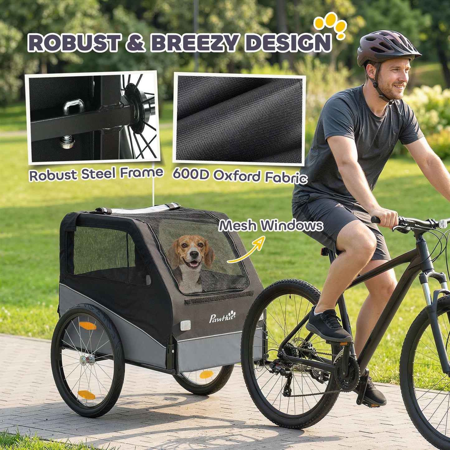Dog Bike Trailer | 20kg Capacity | 20" Inflatable Rubber Wheels | Universal Coupler | 600D Oxford Fabric | Steel Frame | Reflectors & Safety Flag | Foldable | 139x72x88cm | Grey