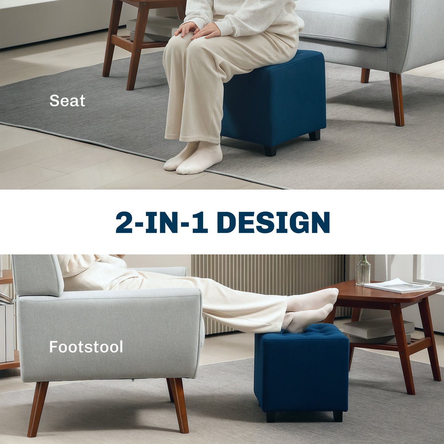 Velvet-Feel Square Ottoman - Blue