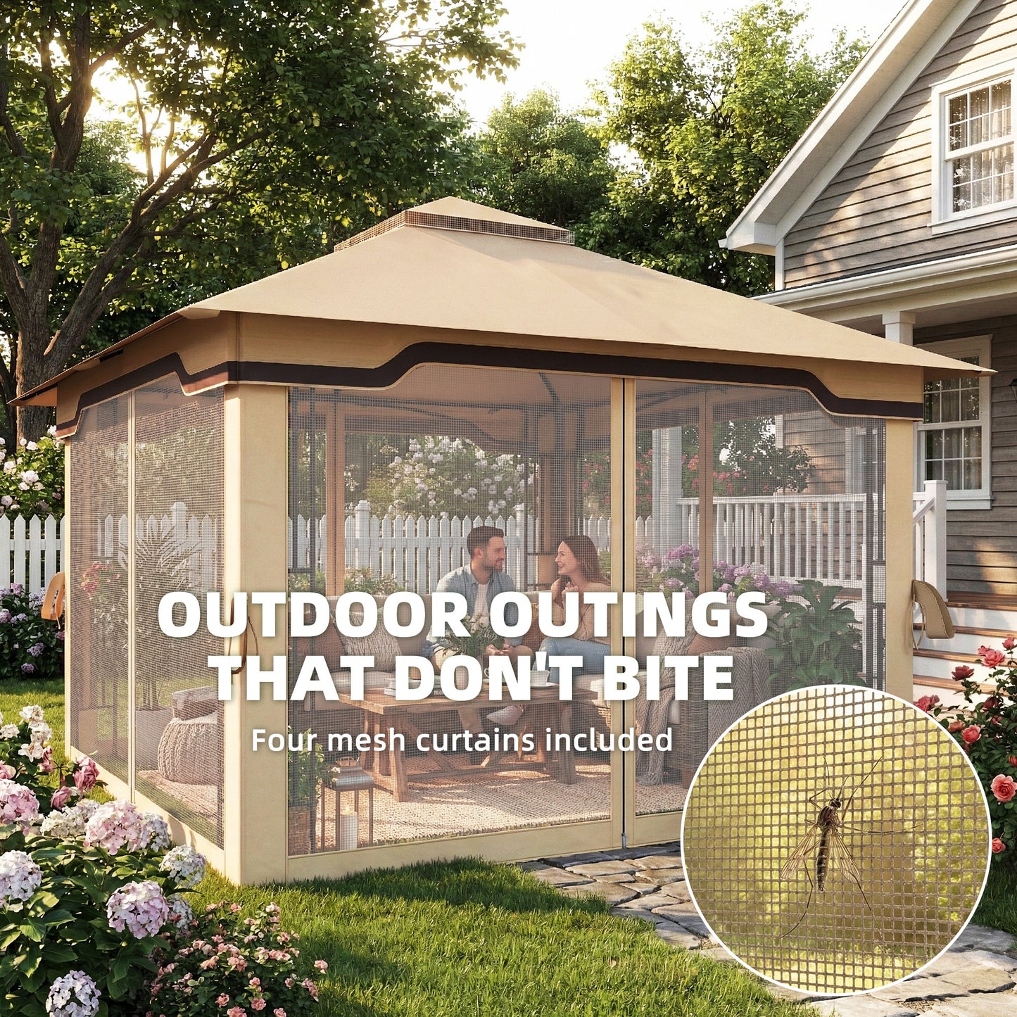 3.3x3.3m Permanent Garden Gazebo | Double-Tier UPF50+ Roof | Mesh Panels | Integrated Corner Shelves | Ceiling Hook | Triangular Powder-Coated Posts | Expansion Screws | Ground Stakes | Khaki