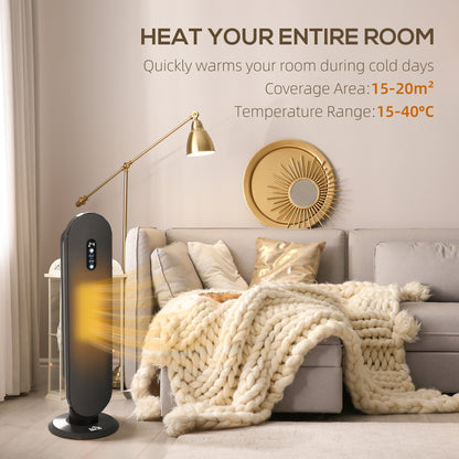 Ceramic Space Heater, Indoor Tower Heater with 2 Heat, Oscillation, Remote Control, Timer, Tip-Over & Overheating Protection, 1200W/2000W, Black