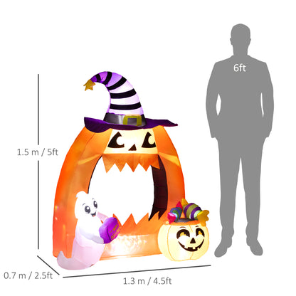 4.9FT Tall Halloween Inflatable Pumpkin Archway with Cute Ghost, Blow-Up Outdoor Halloween Decoration with LED Lights for Lawn, Garden, Party