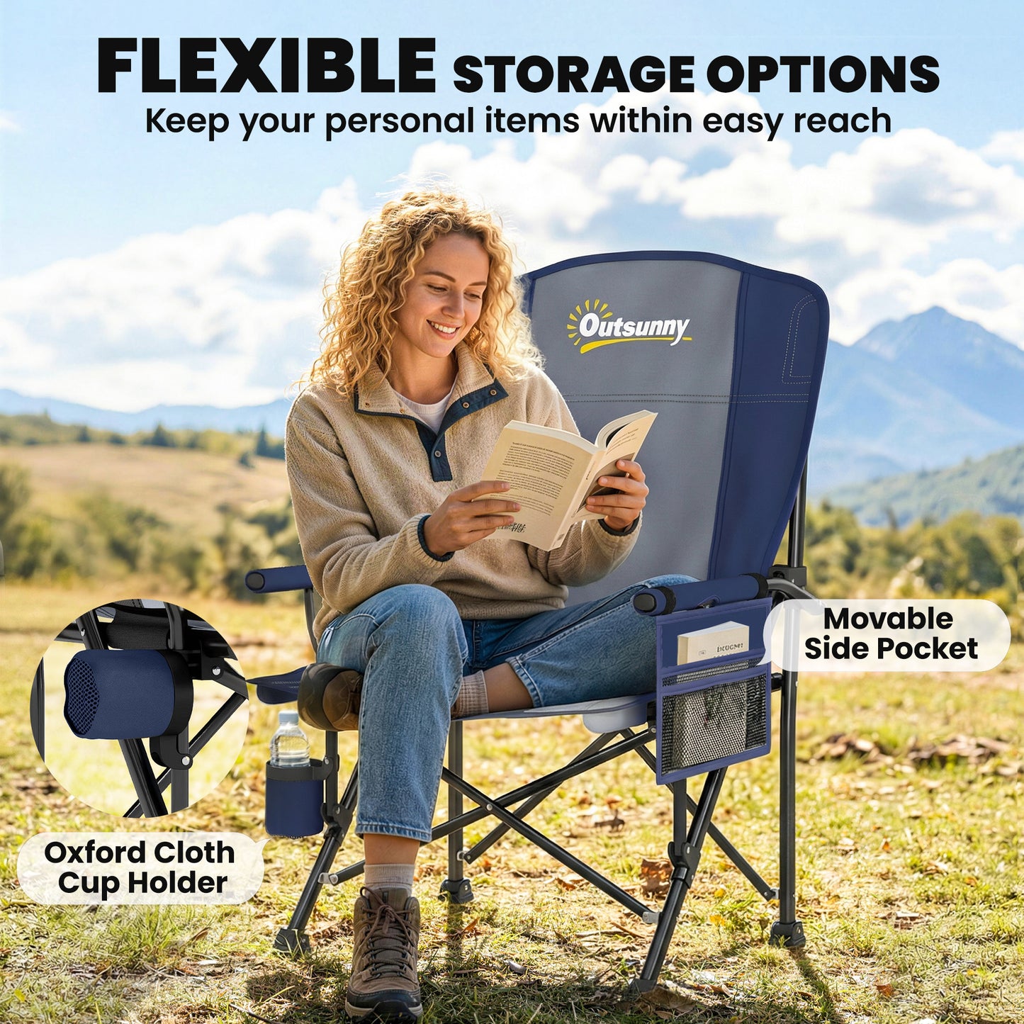 Padded Folding Camping Chair | 50cm Seat | Side Pocket | Cup Holder | Water Repellent Oxford | Carry Bag | 150kg | 59x60x94cm | Dark Blue