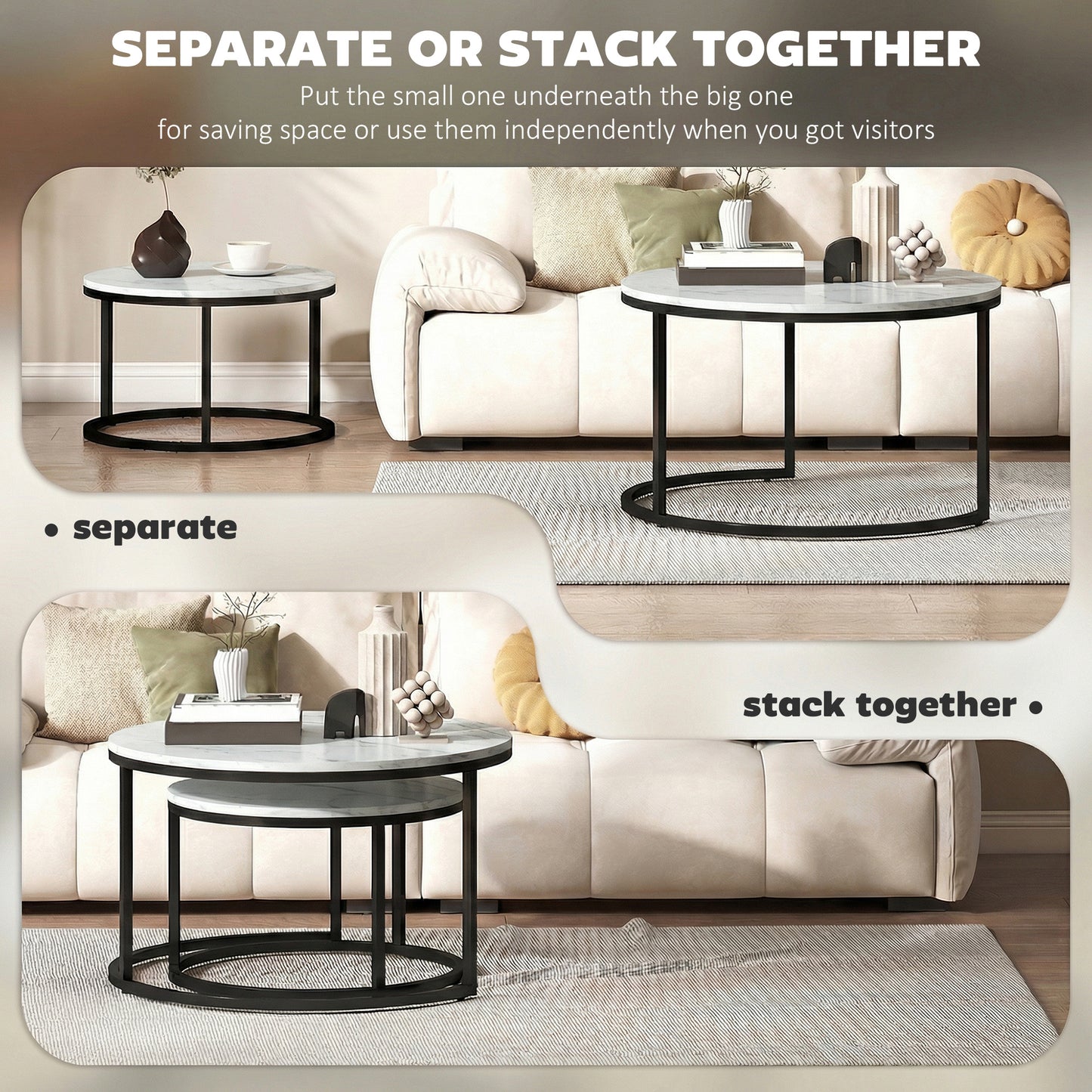 Set of 2 Round Nesting Coffee Tables | Marble-Effect MDF Top | Steel Frame | 50kg | Marble White