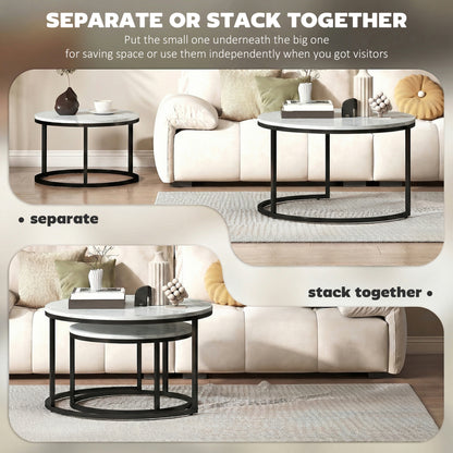 Set of 2 Round Nesting Coffee Tables | Marble-Effect MDF Top | Steel Frame | 50kg | Marble White