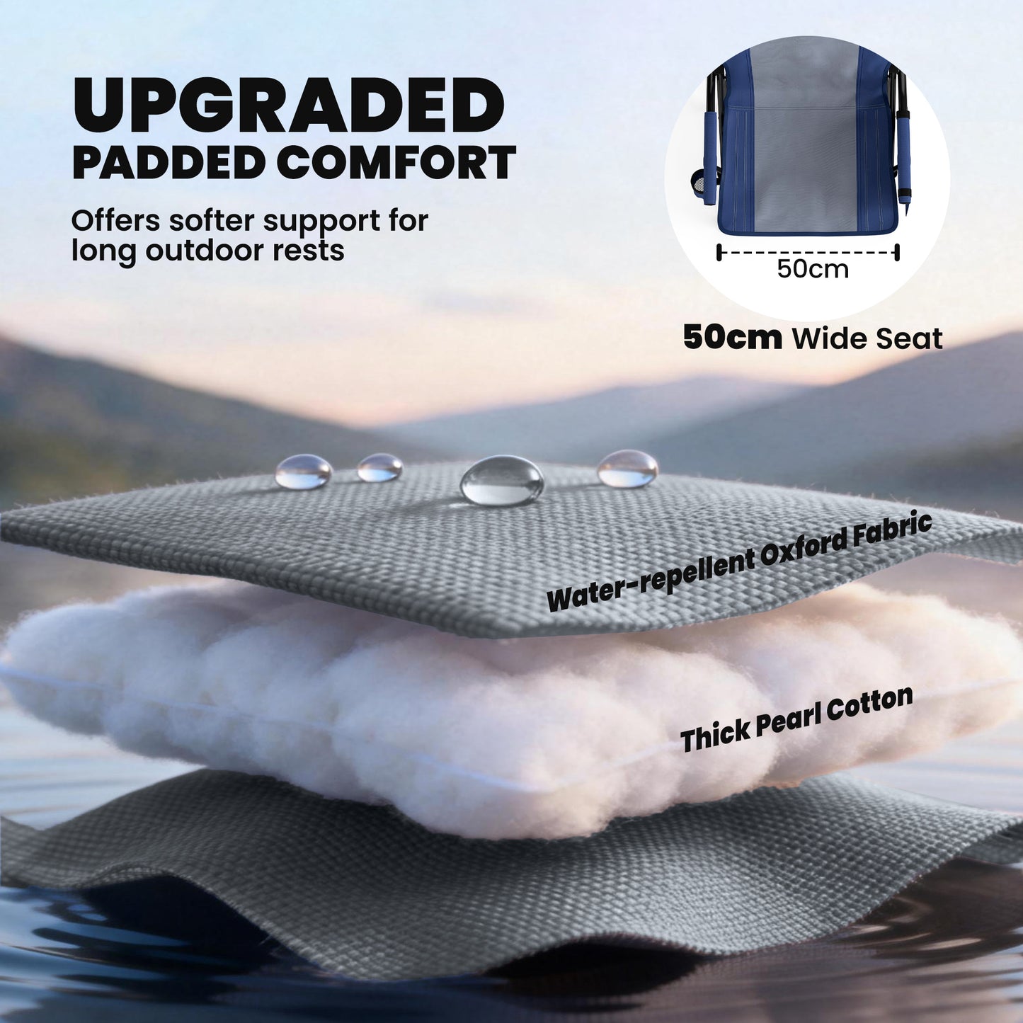 Padded Folding Camping Chair | 50cm Seat | Side Pocket | Cup Holder | Water Repellent Oxford | Carry Bag | 150kg | 59x60x94cm | Dark Blue