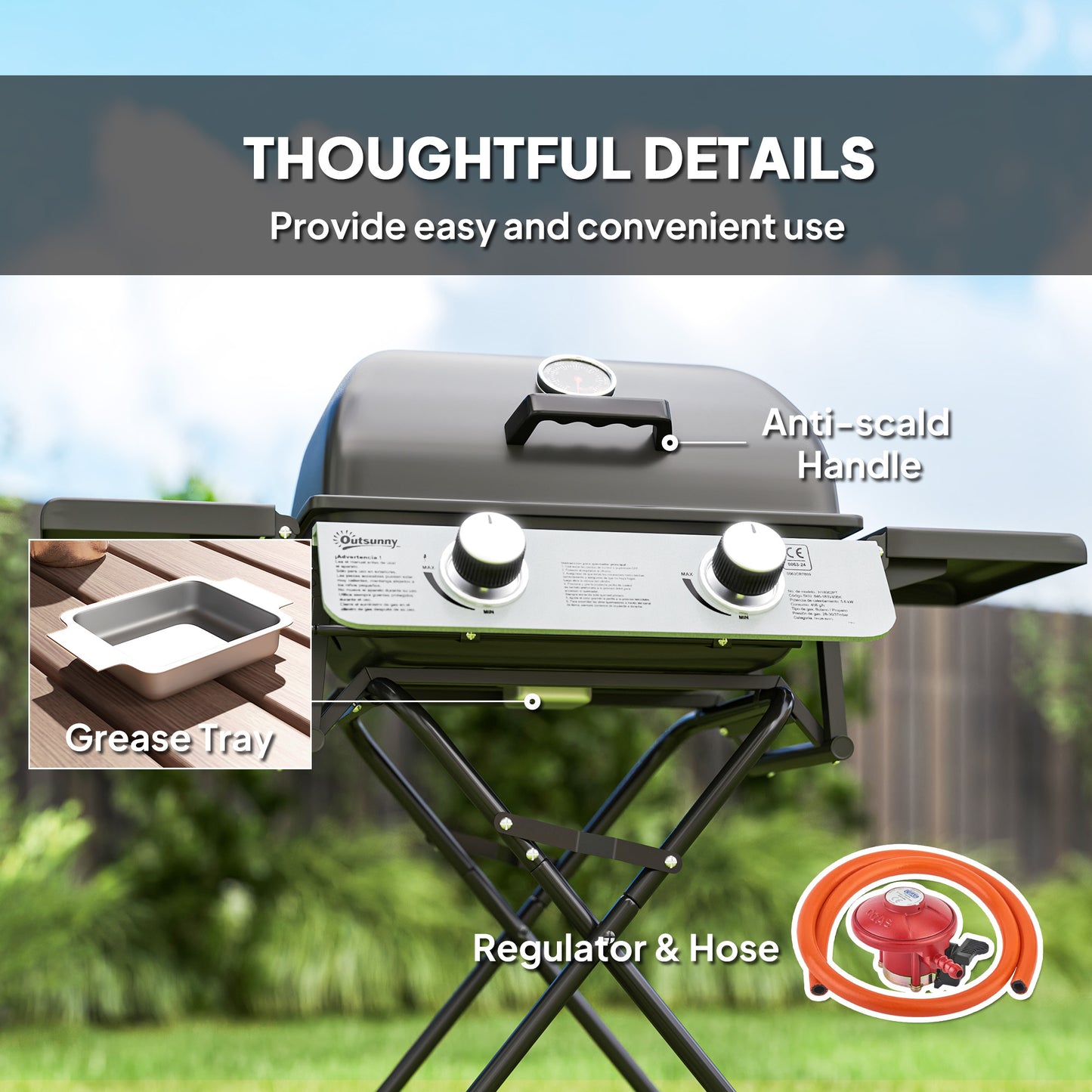 Foldable Gas BBQ with Side Tables, 2 Burner Portable Gas Barbecue Grill with Thermometer Lid Grease Tray Wheels, Folding Trolley for Garden Party