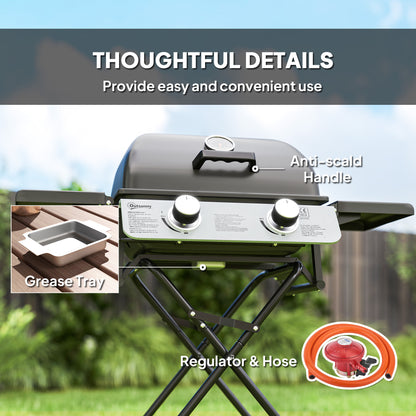 Foldable Gas BBQ with Side Tables, 2 Burner Portable Gas Barbecue Grill with Thermometer Lid Grease Tray Wheels, Folding Trolley for Garden Party