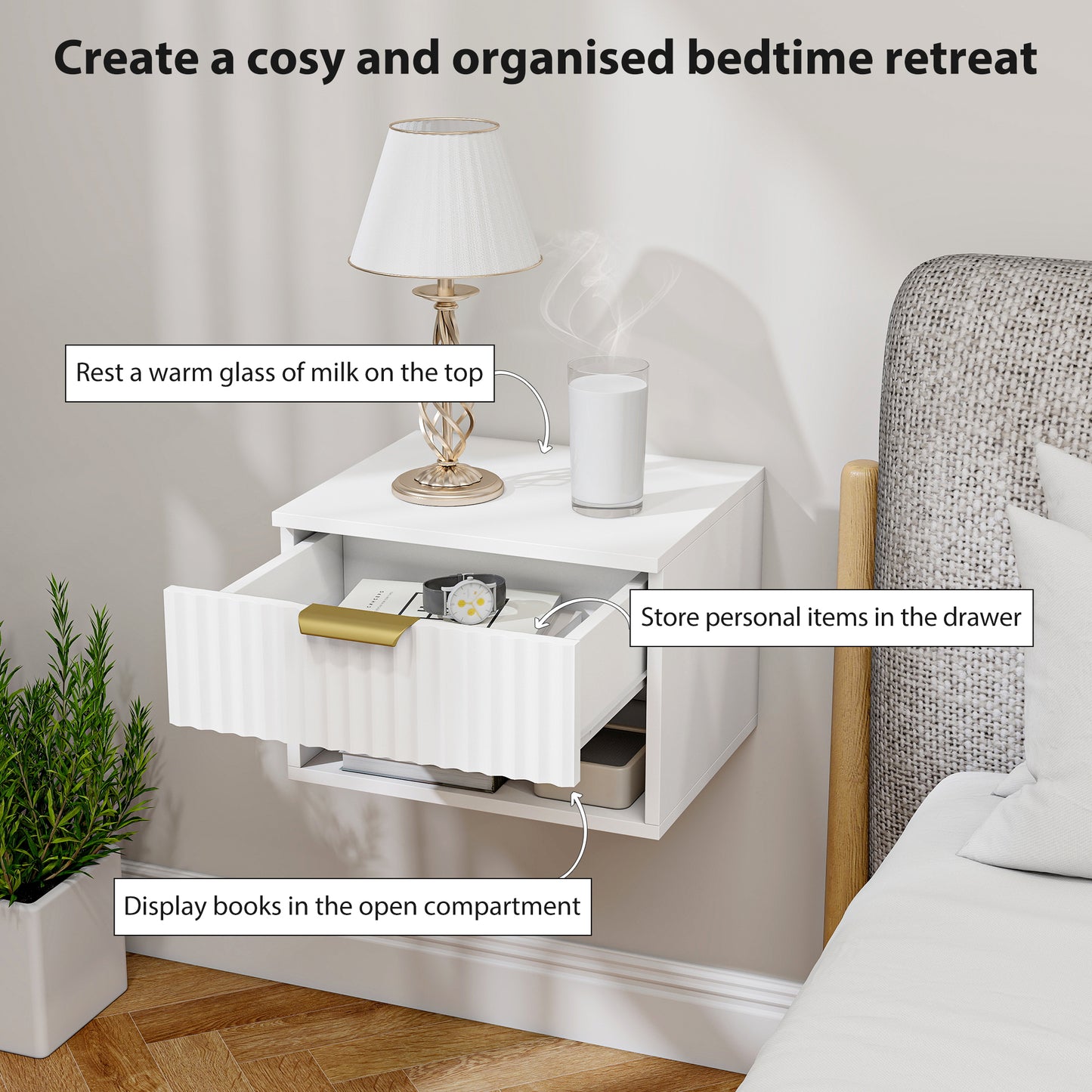 Floating Nightstands Set of 2, Modern Wall Mounted Bedside Tables with Fluted Drawer and Open Shelf for Bedroom, White