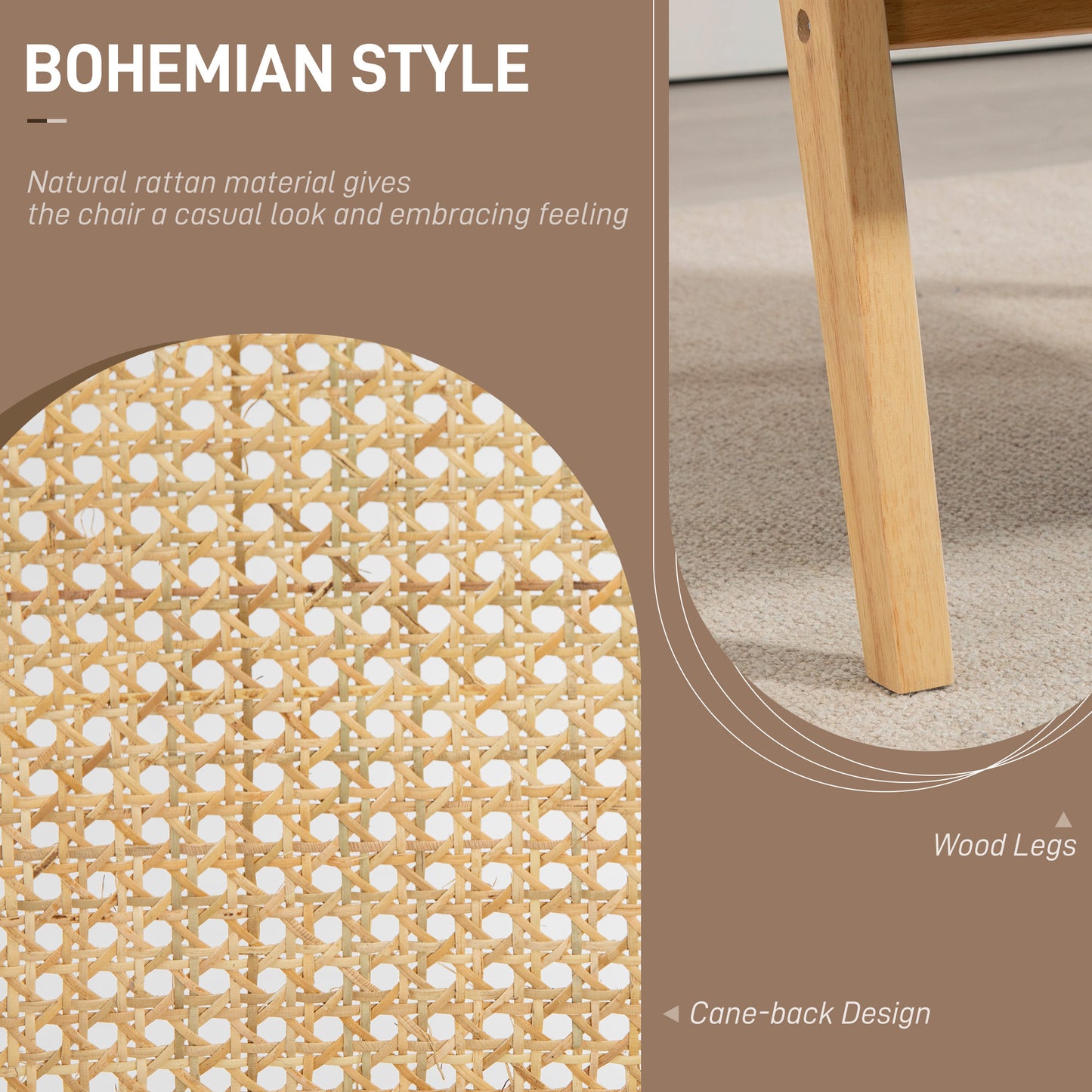 Bohemian Armchair, Fabric Accent Chair with Rattan Back, Rubber Wood Frame and Padded Seat Cushion for Living Room, Bedroom, Home Office, Natural Wood Finish