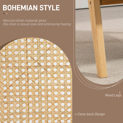 Bohemian Armchair, Fabric Accent Chair with Rattan Back, Rubber Wood Frame and Padded Seat Cushion for Living Room, Bedroom, Home Office, Natural Wood Finish