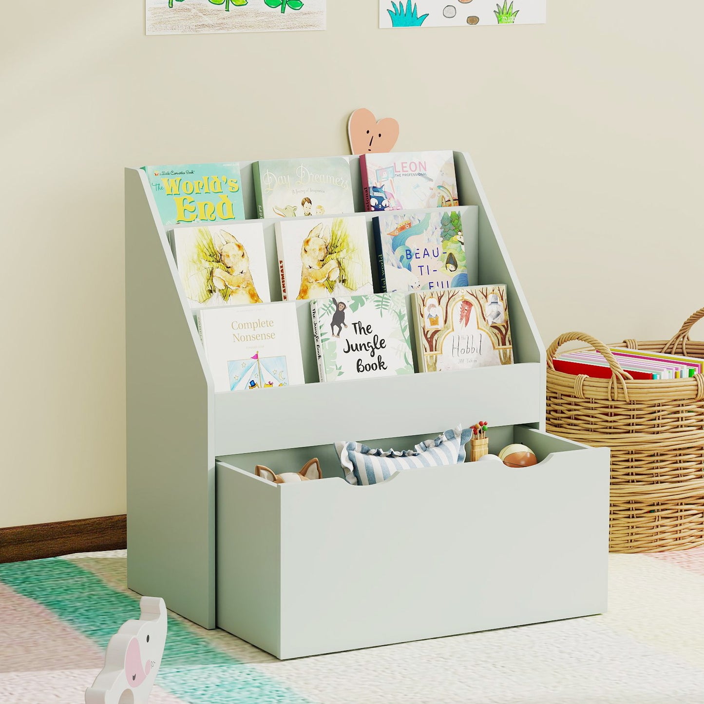 AIYAPLAY Bookcase for Kids with Shelves, Drawer, Bookcase for Bedroom, Playroom, Green / Grey / Pink