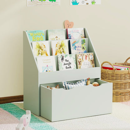 AIYAPLAY Bookcase for Kids with Shelves, Drawer, Bookcase for Bedroom, Playroom, Green / Grey / Pink