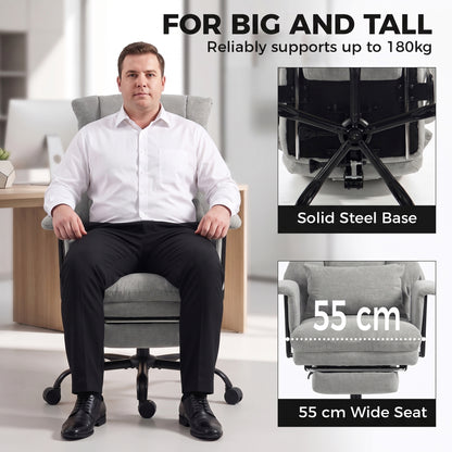 Grey Heavy-Duty Reclining Office Chair | 180 kg Capacity, 55 cm Wide Seat with Pocket Springs, Lumbar Support & Footrest | 135° Recline