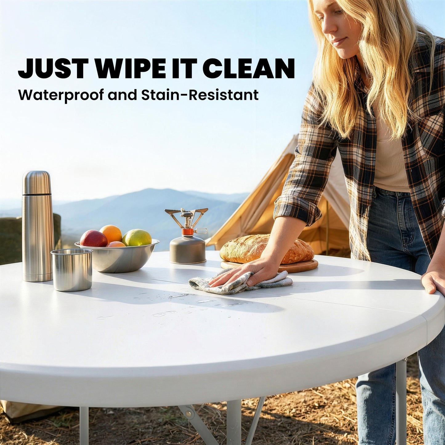 Folding Picnic Camping Table | 120x120cm | HDPE Top | Water Resistant | Powder Coated Frame | Anti-Slip Feet | 100kg | No Assembly | White