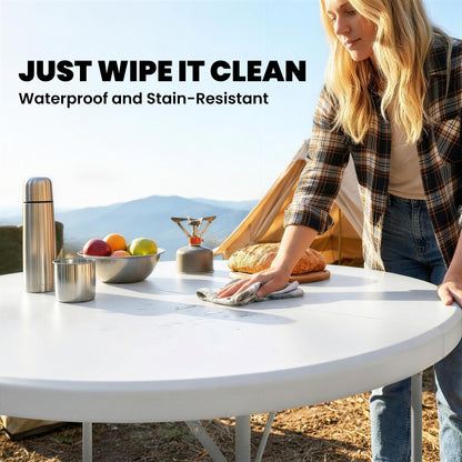 Folding Picnic Camping Table | 120x120cm | HDPE Top | Water Resistant | Powder Coated Frame | Anti-Slip Feet | 100kg | No Assembly | White