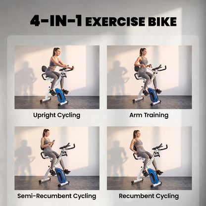 4-in-1 Folding Exercise Bike | Upright & Recumbent | Bluetooth App | 8-Level Magnetic Resistance | Resistance Bands | LCD Display | 120kg Capacity | Blue