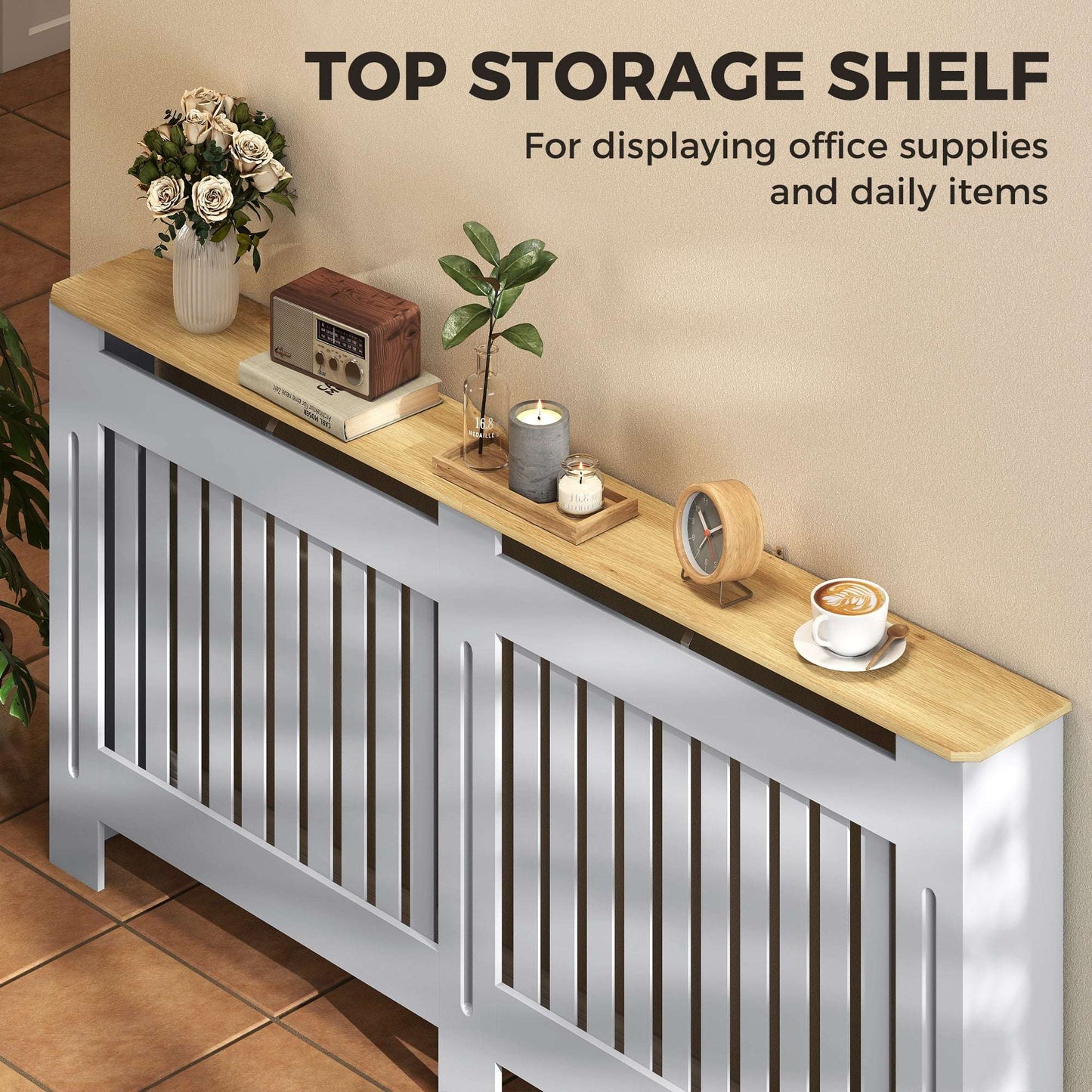 MDF Radiator Cover | Slatted Line Grill Design | Display Top | Wall Mountable | Fittings Included | 13kg | 172x19x81cm | Grey