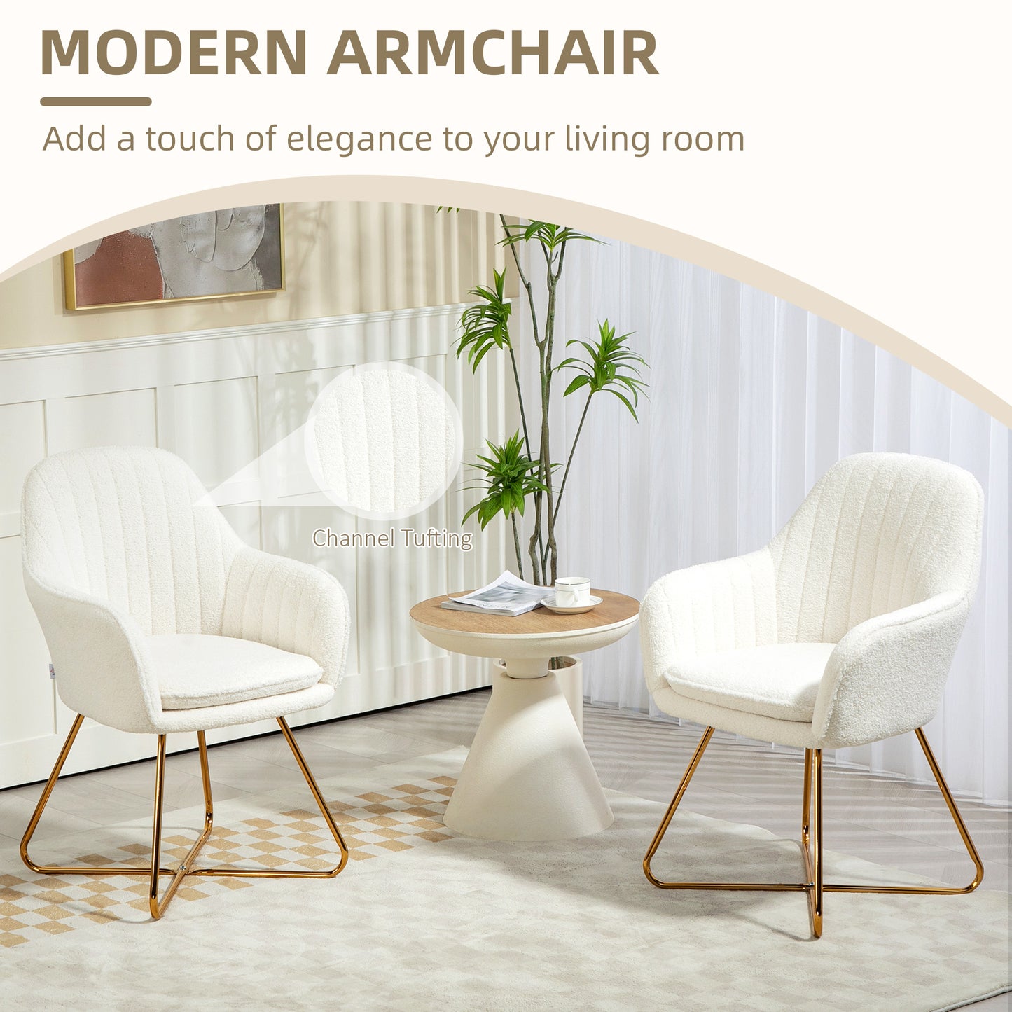 Modern Accent Chair Set of 2, Cashmere Tufted Armchair with Padded Seat, Occasional Bedroom Chair with Cross Steel Legs - Cream White