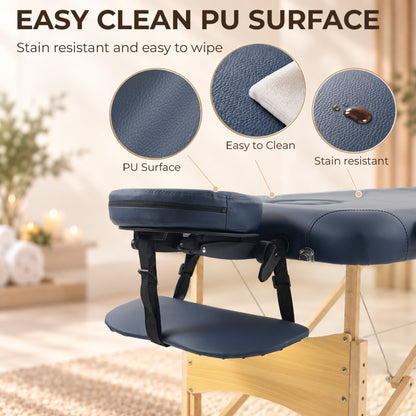 Portable Massage Table | Dark Blue 2-Section Folding Beauty Bed | Beech Frame, 4cm Padding & Carry Bag | Adjustable Height 67–92cm