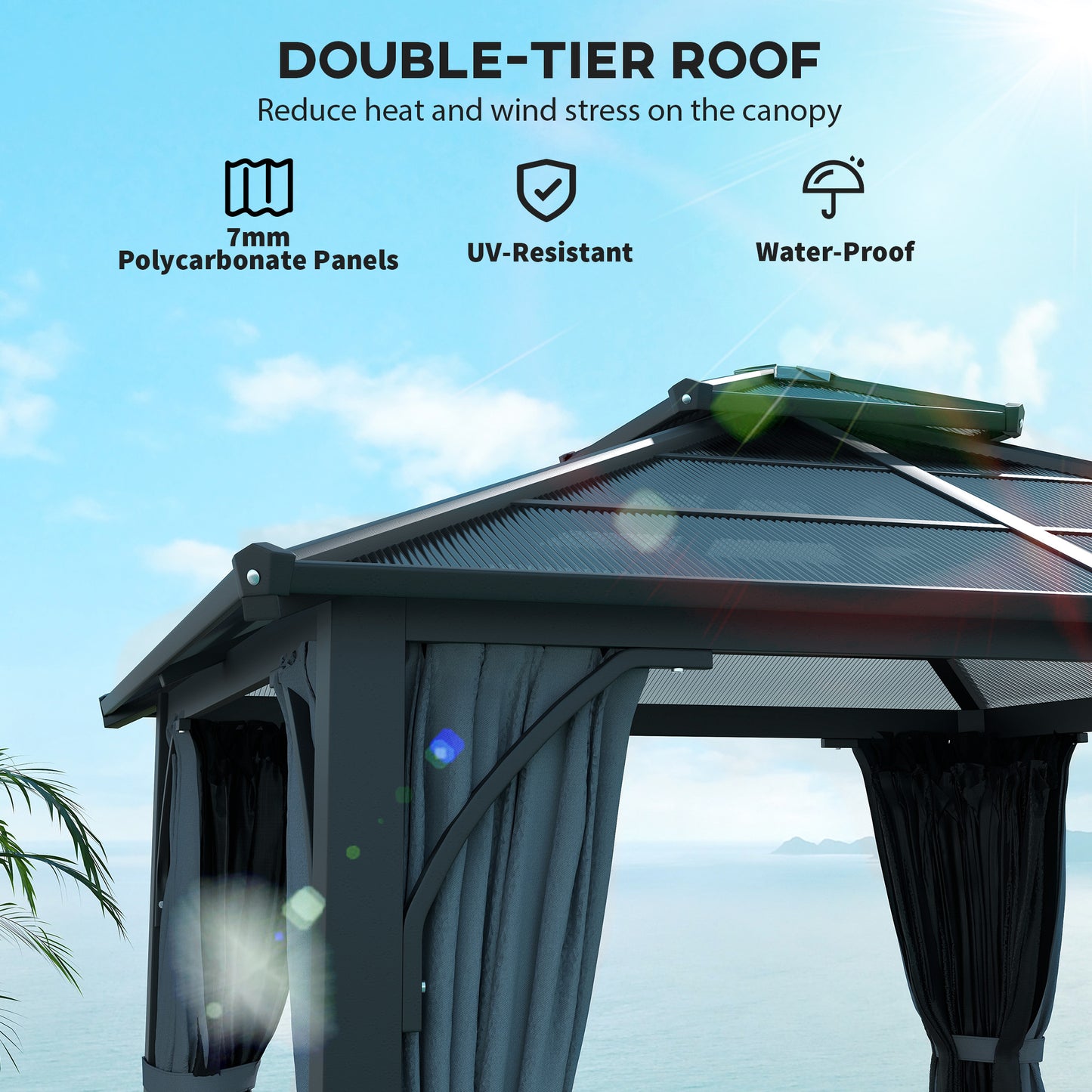 3 x 3(m) Hardtop Garden Gazebo Canopy with 7mm Double Polycarbonate Roof, Permanent Pavilion with Mosquito Netting and Curtains Dark Grey