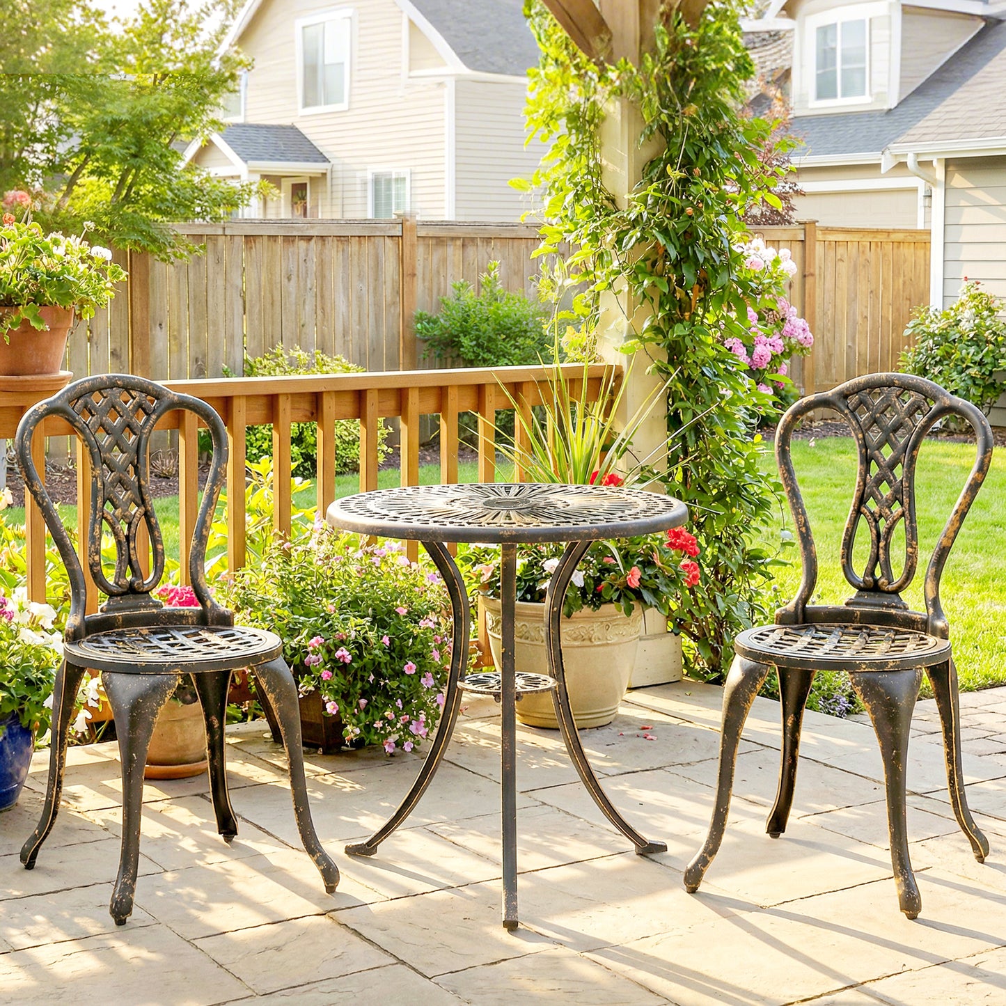 3 Piece Cast Aluminium Garden Bistro Set | Round Table Dia 63cm | Umbrella Hole | 2 Chairs | Rust Proof | Vintage Design | 120kg | Bronze Tone