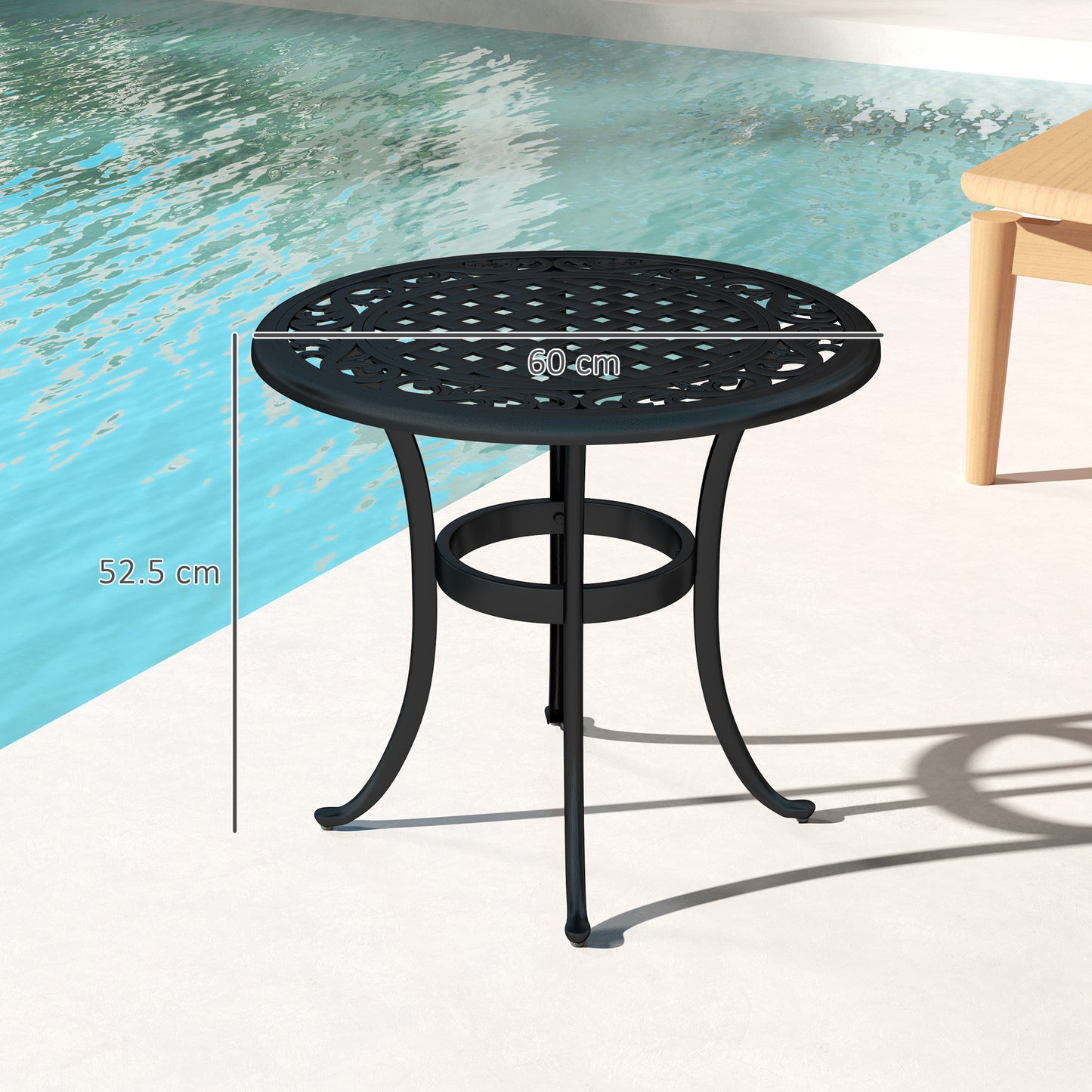 60cm Round Cast Aluminium Garden Side Table | Decorative Cut-Out Top | Curved Legs | 60kg | Black