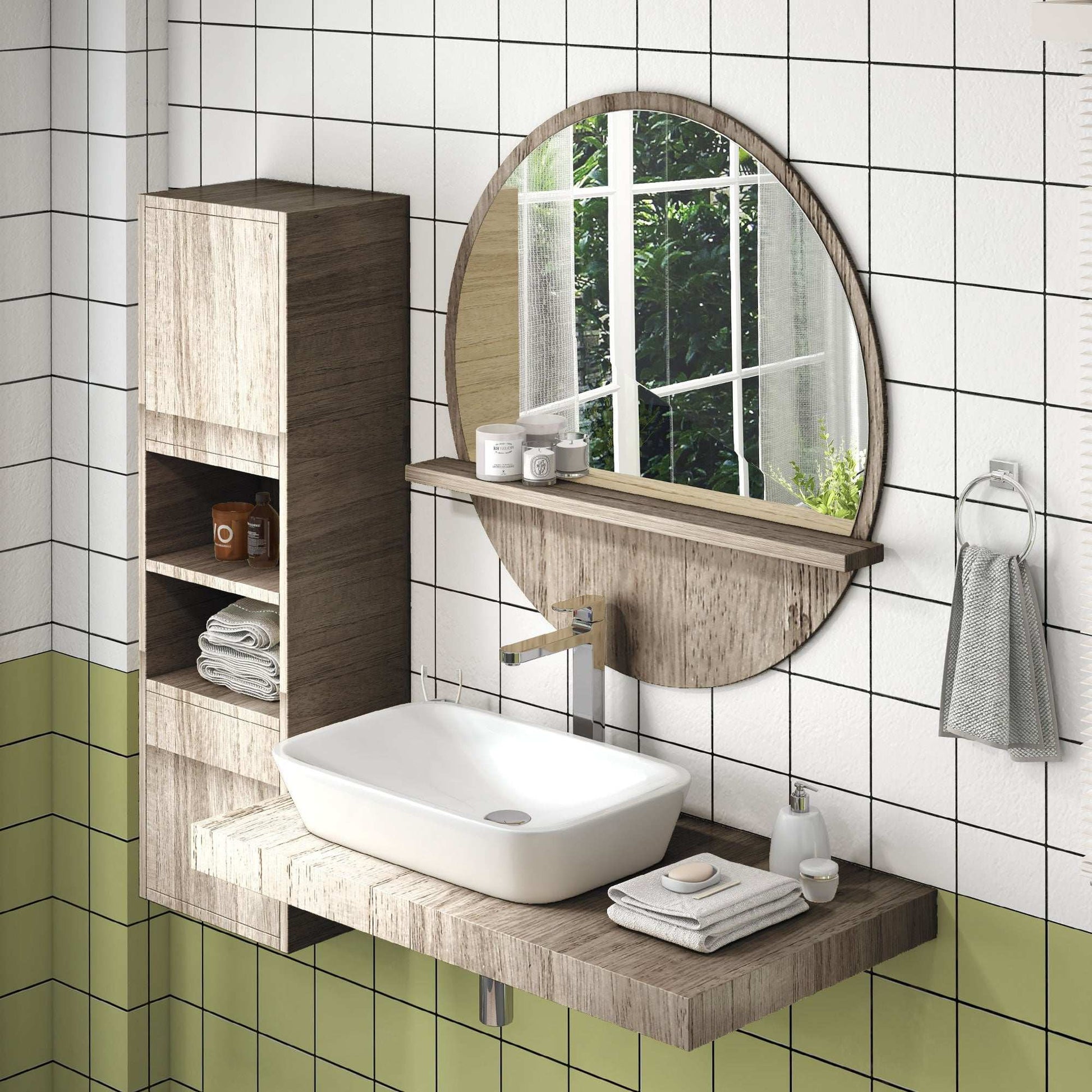 Kleankin 45cm Round Home Mirror, with Shelf - Grey Wood-Effect