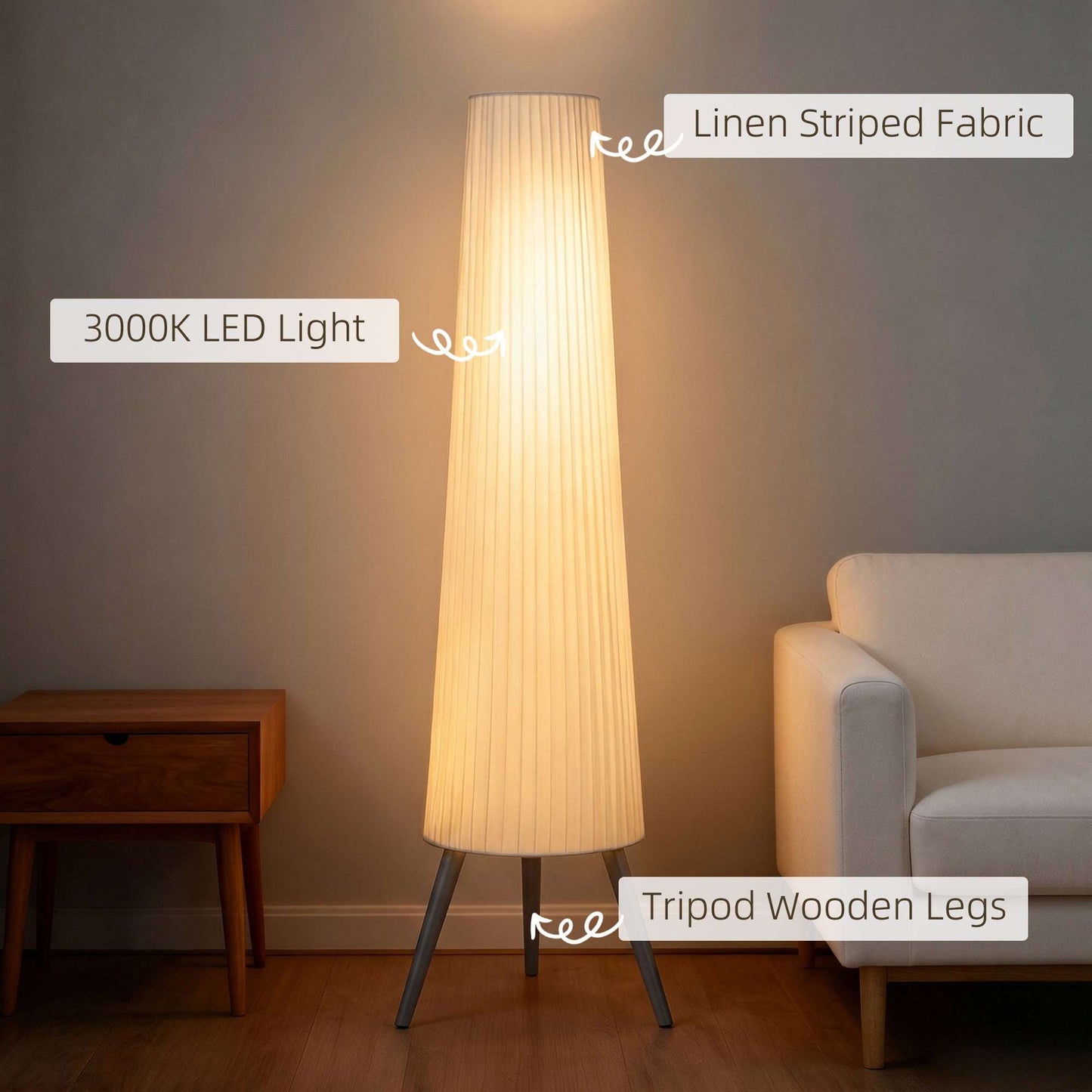 Nordic Dimmable Tripod Floor Lamp | 3-Level Foot Switch | Pleated Fabric Shade | 3000K Warm White | 10.5W 900lm | Steel & Wood Tripod Base | 46x46x153cm | 15-Min Assembly | White