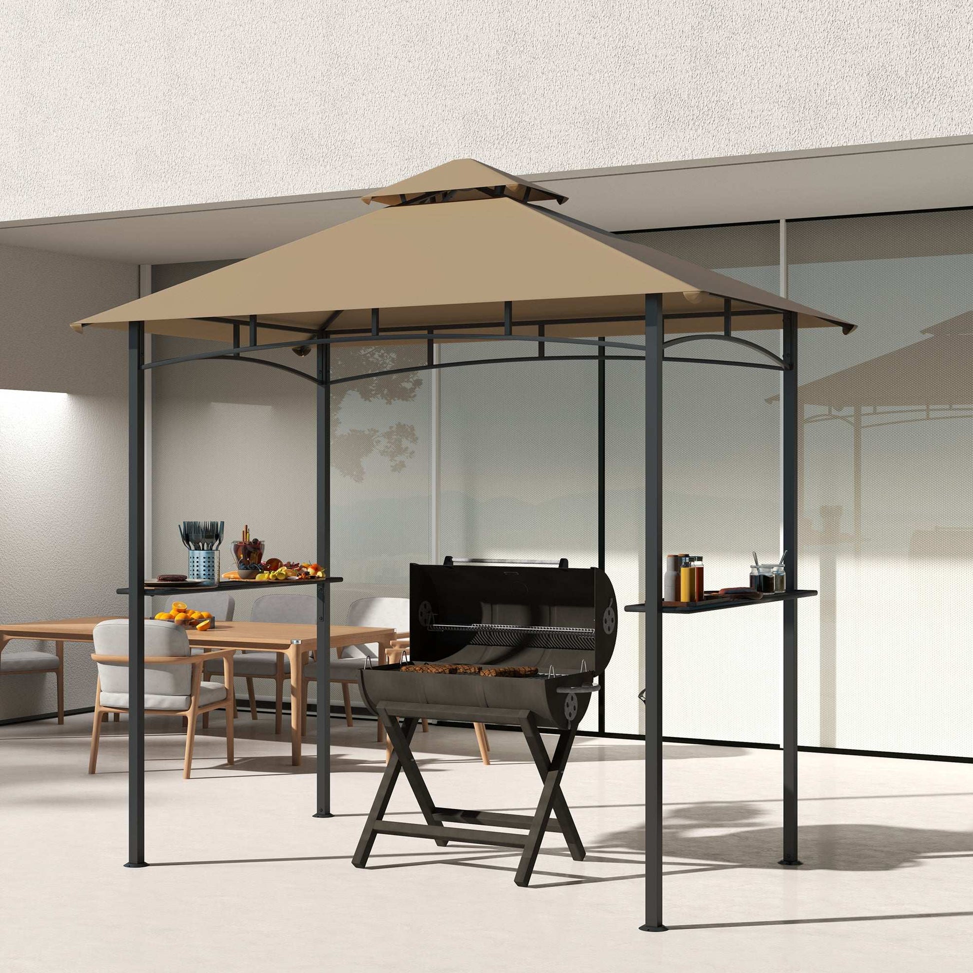 2.5M (8ft) New Double-Tier BBQ Gazebo Shelter Grill Canopy Barbecue Tent Shelter Patio Deck Cover - Khaki