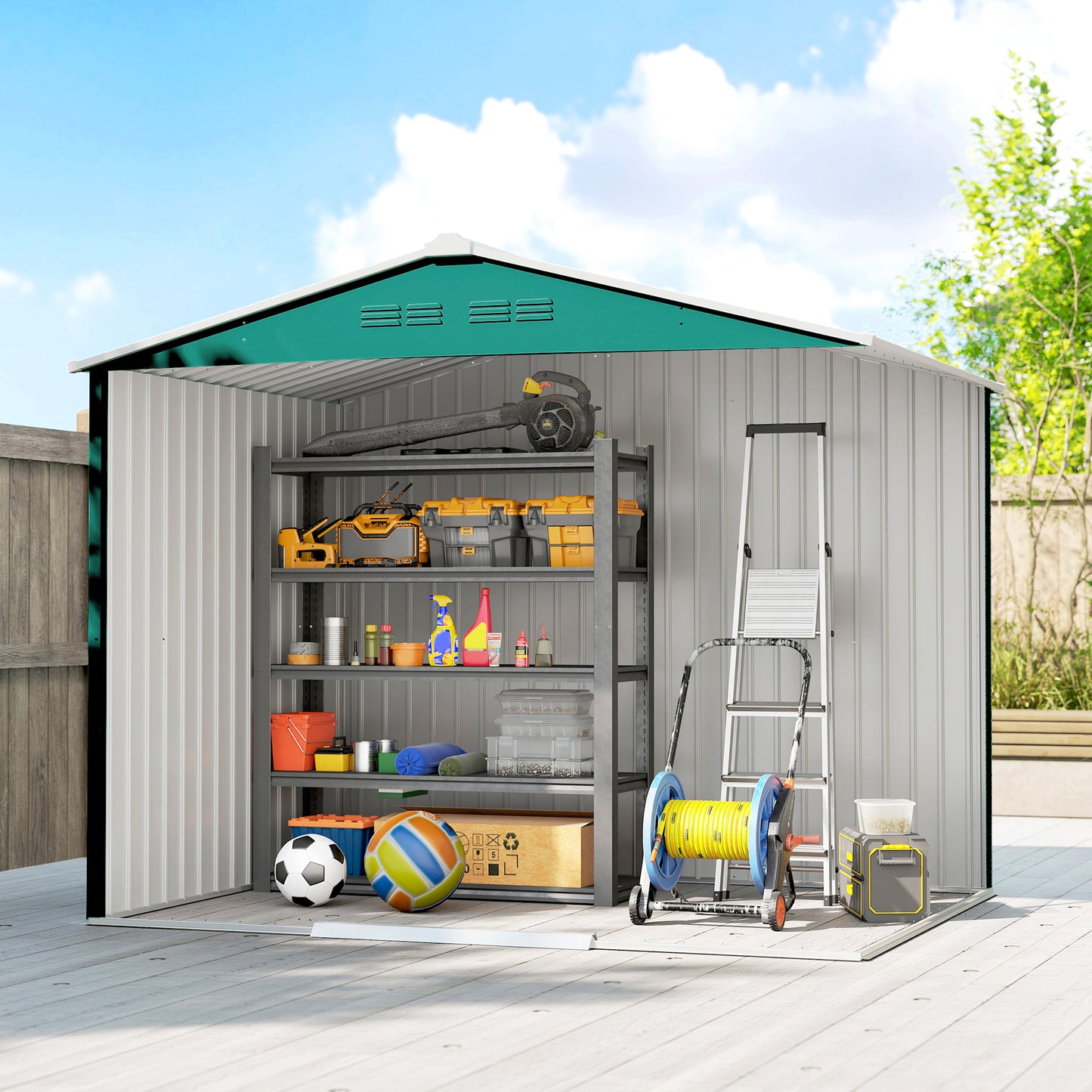 Large Galvanised Steel Garden Storage Shed | Double Sliding Door | 4 Ventilation Slots | Sloped Roof | 20kg/m² Snow Load | 236x171x191cm | Bikes Scooters Tools & Bins | Green