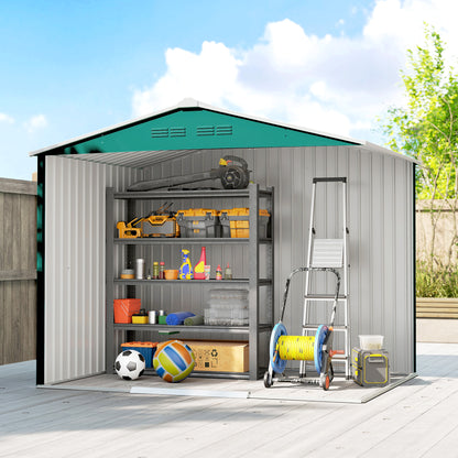 Large Galvanised Steel Garden Storage Shed | Double Sliding Door | 4 Ventilation Slots | Sloped Roof | 20kg/m² Snow Load | 236x171x191cm | Bikes Scooters Tools & Bins | Green