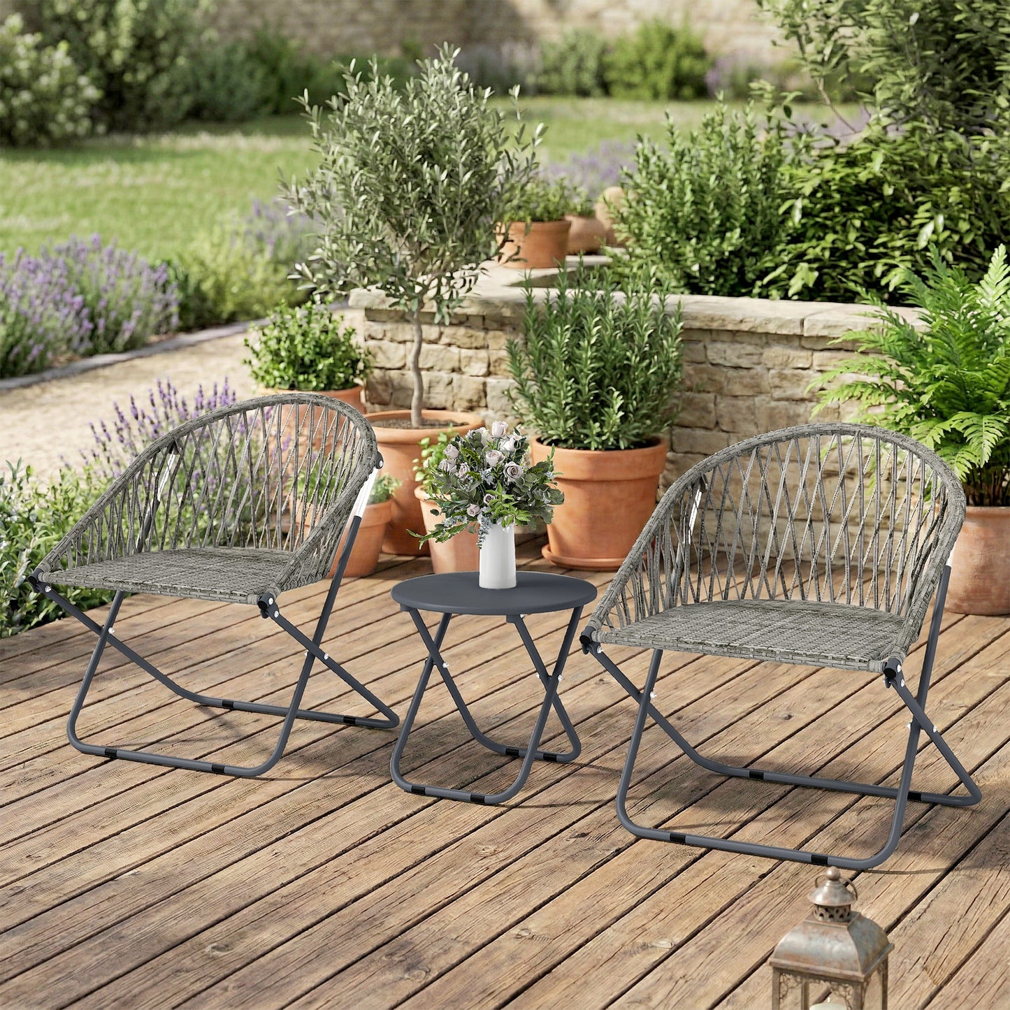 3 Piece Folding Rattan Bistro Set | 2 Chairs | Round Table Dia 45cm | 1000hr UV Resistant Rattan | Galvanised Steel | No Assembly | 120kg | Grey