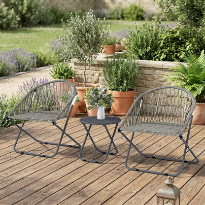3 Piece Folding Rattan Bistro Set | 2 Chairs | Round Table Dia 45cm | 1000hr UV Resistant Rattan | Galvanised Steel | No Assembly | 120kg | Grey